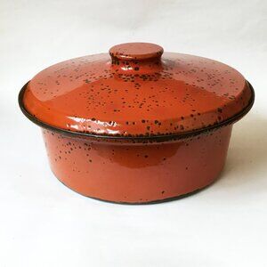 Vintage Hanova of Pasadena Red Orange Lava Enamel Casserole Lidded Pot